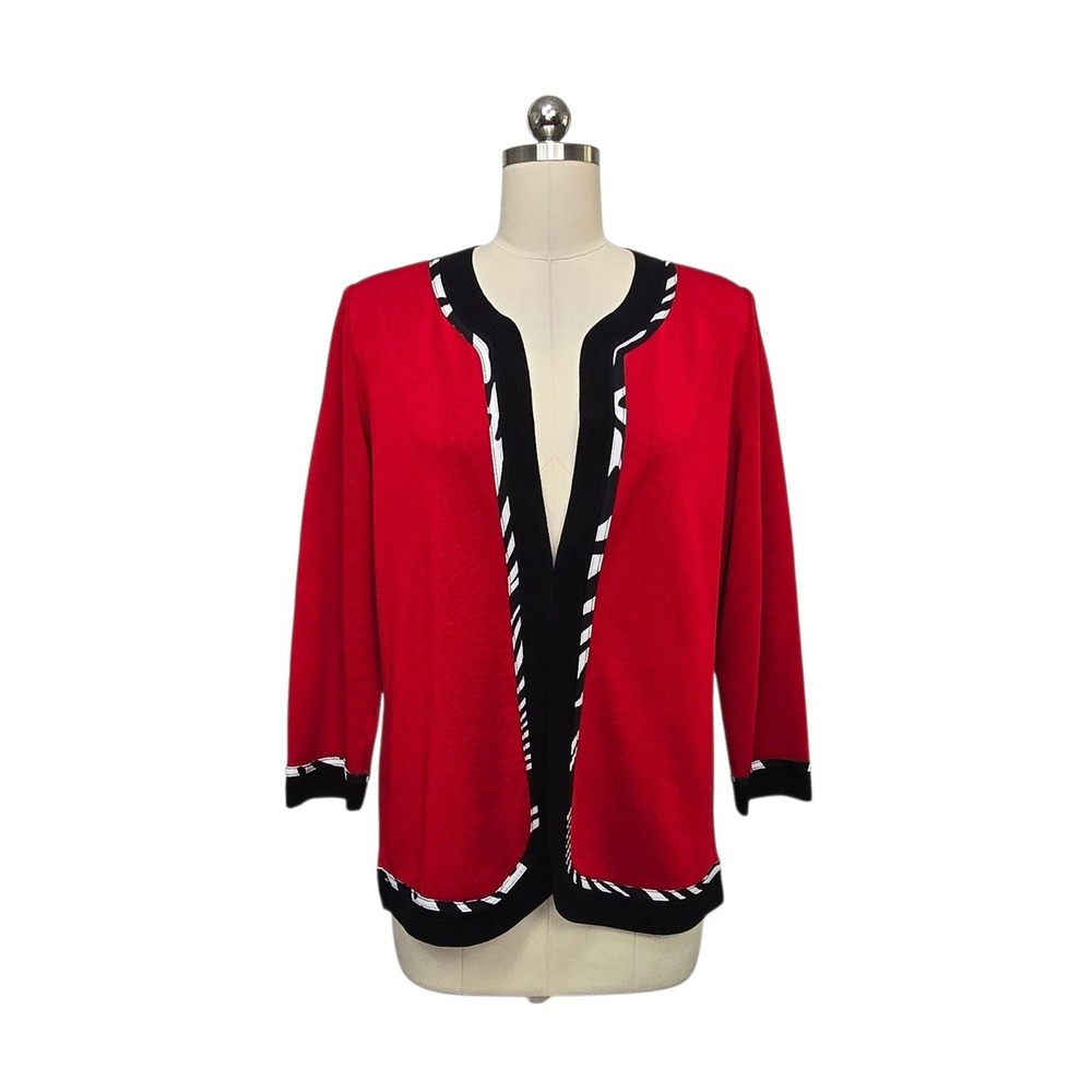 Misook Red Knit Open Front Cardigan Jacket Black White Trim Womens Size Medium